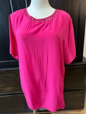 Hot Pink Short-Sleeve Blouse with Braided Neckline